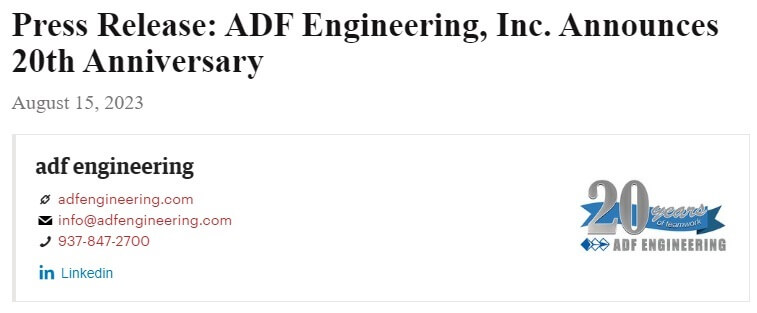 Image of the published press release in the Dayton Business Journal celebrating ADF Engineering's 20th anniversary.